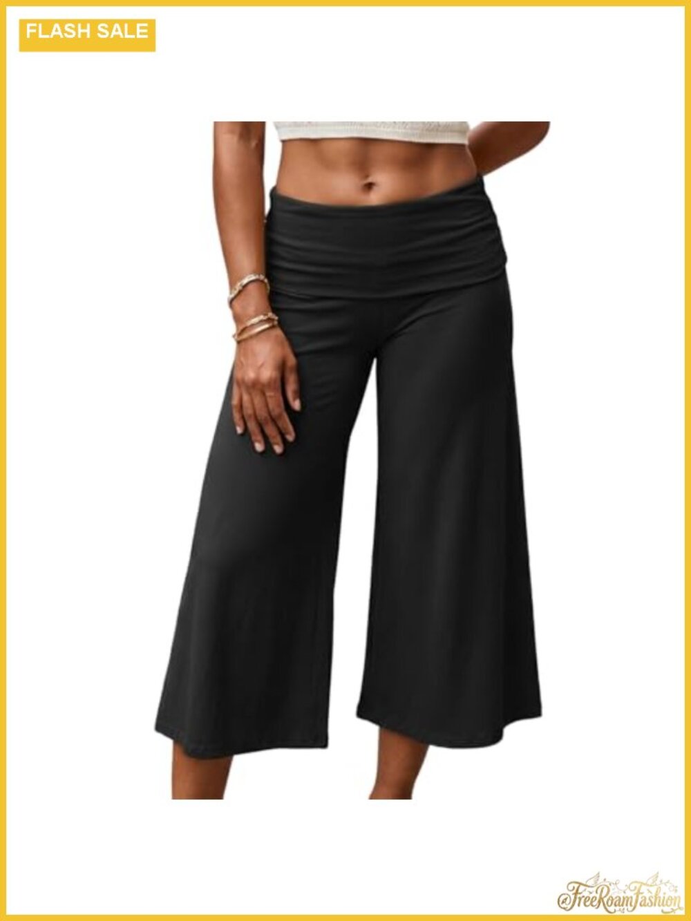 Low Rise Fold Over Capri Pants Wide Leg Flowy Gaucho Yoga Pants